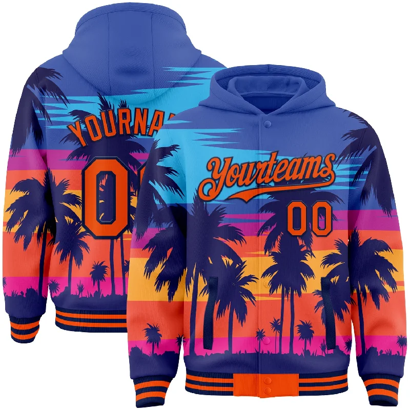 Fishing rod locking rack-Custom Royal Orange-Navy Tropical Hawaii Palm Trees 3D Bomber Full-Snap Varsity Letterman Hoodie Jacket