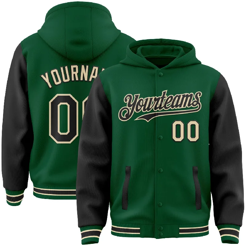 Fishing reel line holder-Custom Kelly Green Black-Cream Bomber Full-Snap Varsity Letterman Two Tone Hoodie Jacket