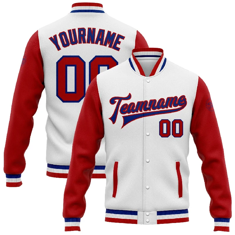 Fishing hook bending holder-Custom White Red-Royal Bomber Full-Snap Varsity Letterman Two Tone Jacket