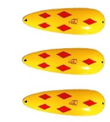 Fishing line loop stand-Three Eppinger Huskie Junior Yellow/Red Diamonds Fishing Spoons 2 oz 4 1/2" 7-17