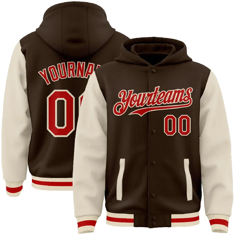 Fishing line splicing rack-Custom Brown Red-Cream Bomber Full-Snap Varsity Letterman Two Tone Hoodie Jacket