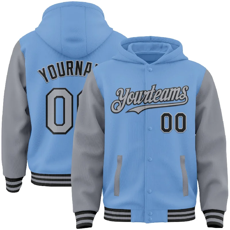 Fishing reel spool rack-Custom Light Blue Gray-Black Bomber Full-Snap Varsity Letterman Two Tone Hoodie Jacket