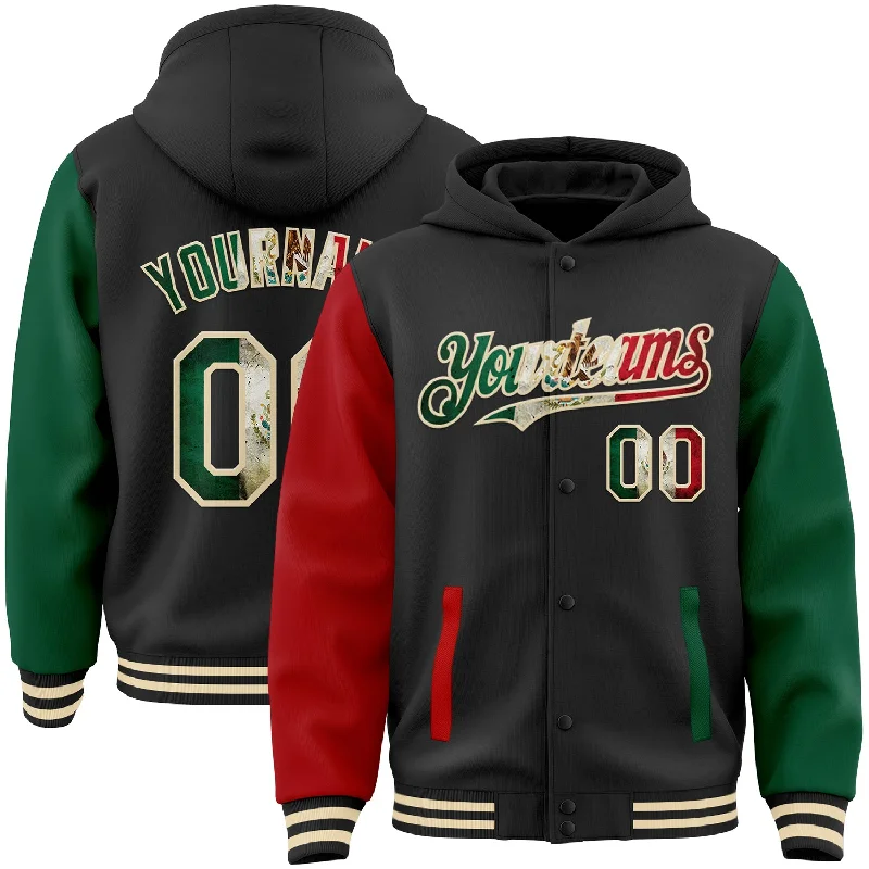 Fishing bait pressing stand-Custom Black Vintage Mexican Flag Kelly Green Red-Cream Bomber Full-Snap Varsity Letterman Two Tone Hoodie Jacket