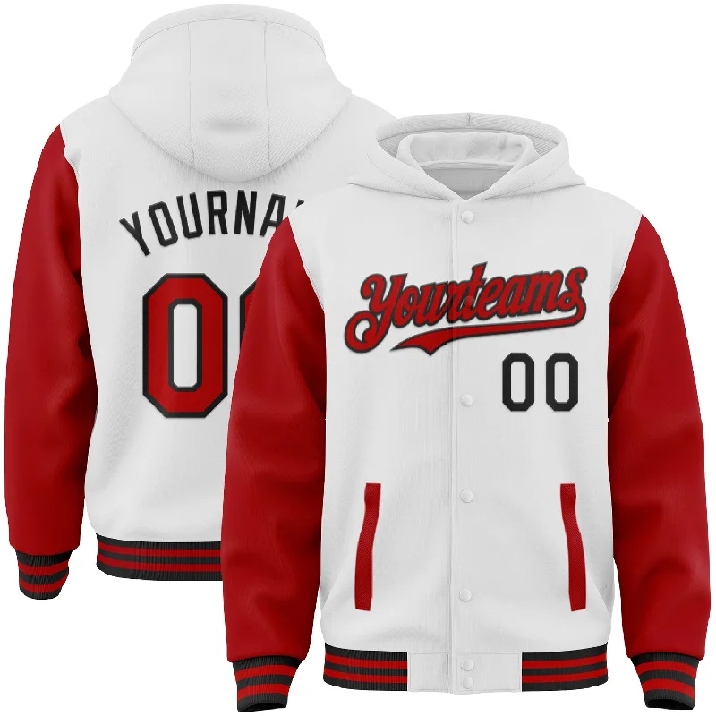 Fishing tackle adjustable clamp-Custom White Red-Black Bomber Full-Snap Varsity Letterman Two Tone Hoodie Jacket