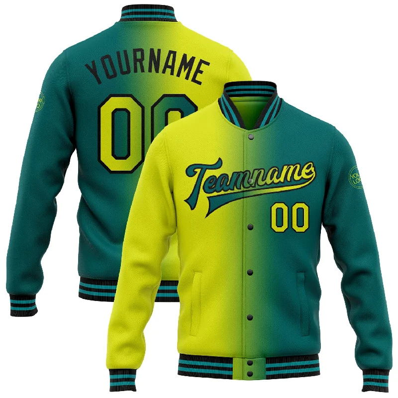 Fishing bait slicing holder-Custom Teal Neon Yellow-Black Bomber Full-Snap Varsity Letterman Gradient Fashion Jacket