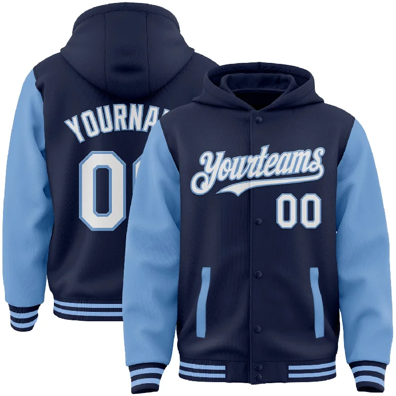 Fishing line splicing holder-Custom Navy White-Light Blue Bomber Full-Snap Varsity Letterman Two Tone Hoodie Jacket