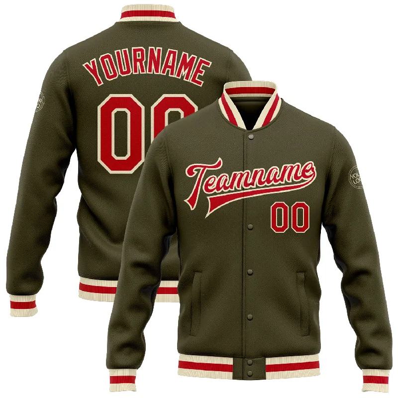 Fishing rod stabilizing holder-Custom Olive Red-Cream Bomber Full-Snap Varsity Letterman Salute To Service Jacket