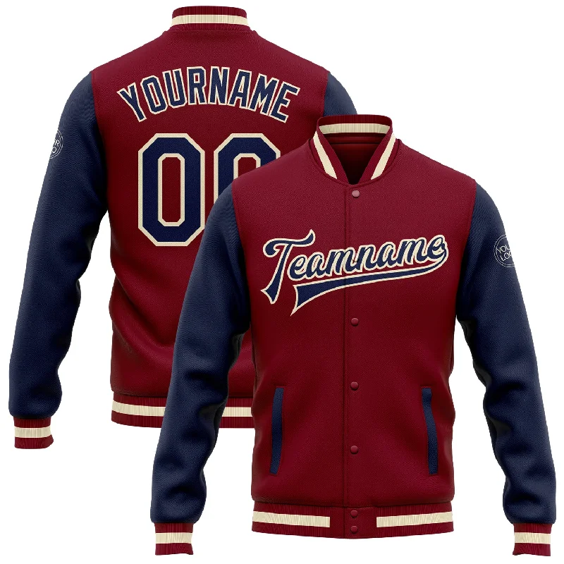 Fishing hook alignment clamp-Custom Crimson Navy-Cream Bomber Full-Snap Varsity Letterman Two Tone Jacket