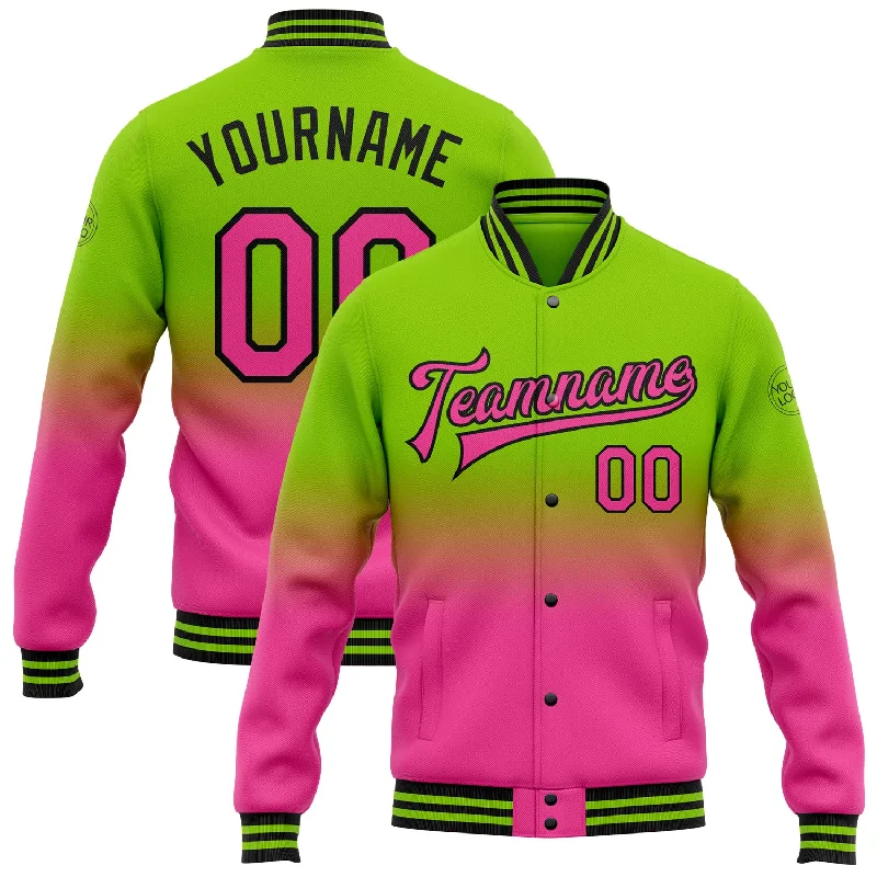 Fishing tackle waterproof stand-Custom Neon Green Pink-Black Bomber Full-Snap Varsity Letterman Fade Fashion Jacket