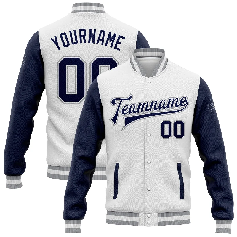 Fishing tackle modular holder-Custom White Navy-Gray Bomber Full-Snap Varsity Letterman Two Tone Jacket