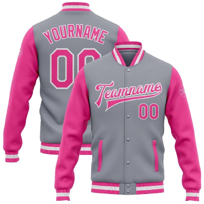 Fishing hook bending stand-Custom Gray Pink-White Bomber Full-Snap Varsity Letterman Two Tone Jacket