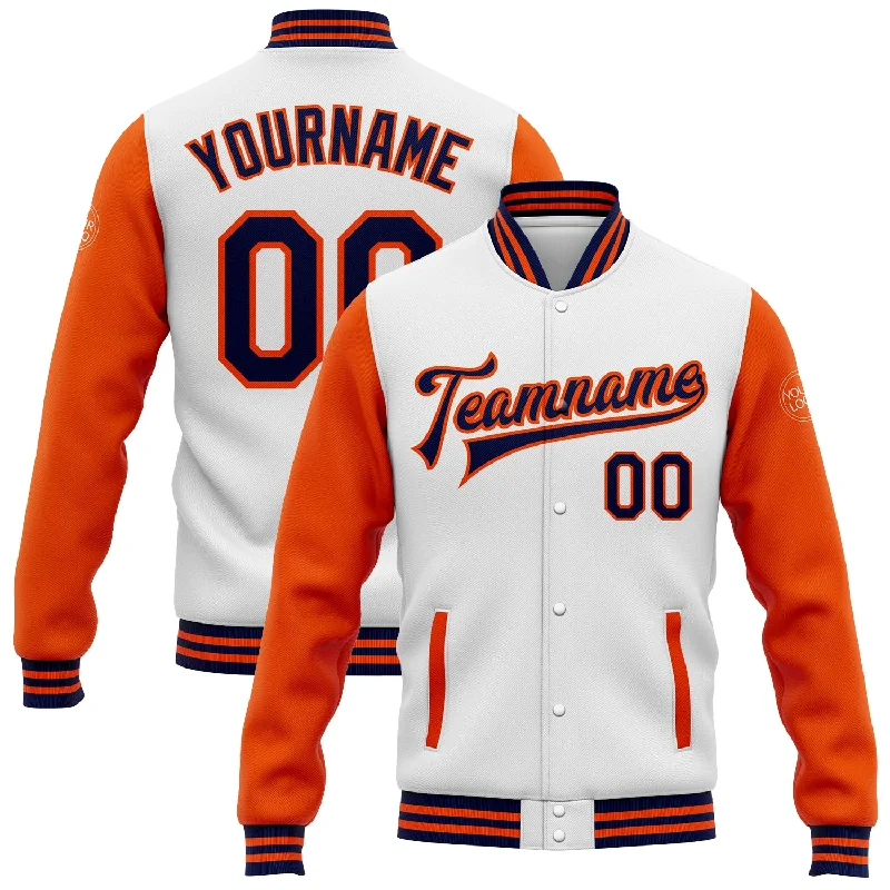 Fishing pliers with grip rack-Custom White Navy-Orange Bomber Full-Snap Varsity Letterman Two Tone Jacket