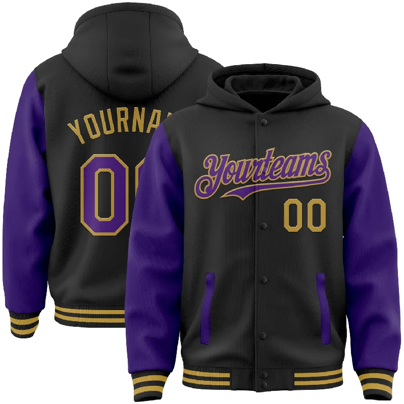 Fishing line twisting rack-Custom Black Purple-Old Gold Bomber Full-Snap Varsity Letterman Two Tone Hoodie Jacket