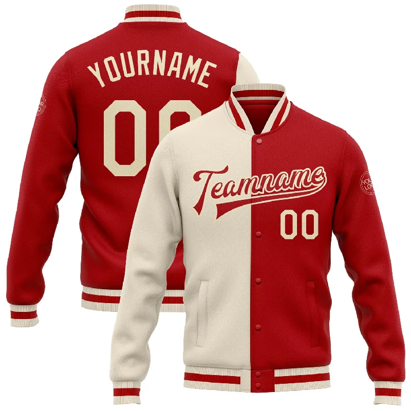 Fishing line splicing rack-Custom Red Cream Bomber Full-Snap Varsity Letterman Split Fashion Jacket