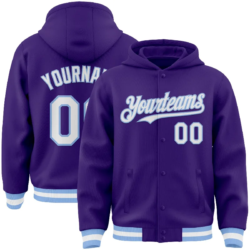 Fishing reel balance kit-Custom Purple White-Light Blue Bomber Full-Snap Varsity Letterman Hoodie Jacket