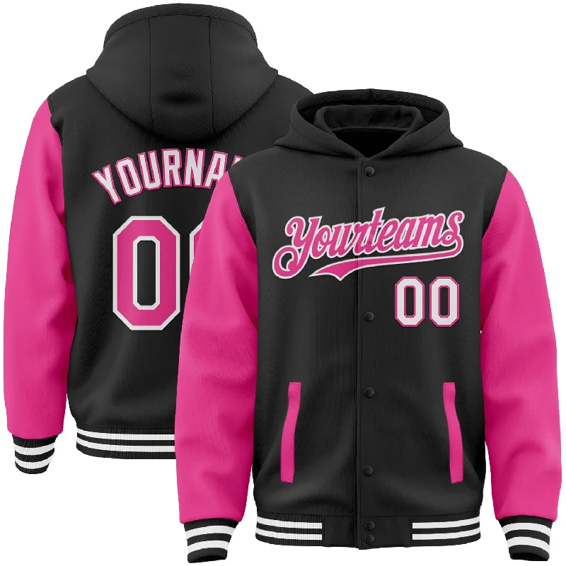 Fishing bait slicing stand-Custom Black Pink-White Bomber Full-Snap Varsity Letterman Two Tone Hoodie Jacket