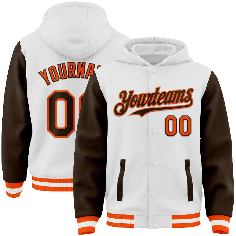 Fishing bait shaping stand-Custom White Brown-Orange Bomber Full-Snap Varsity Letterman Two Tone Hoodie Jacket