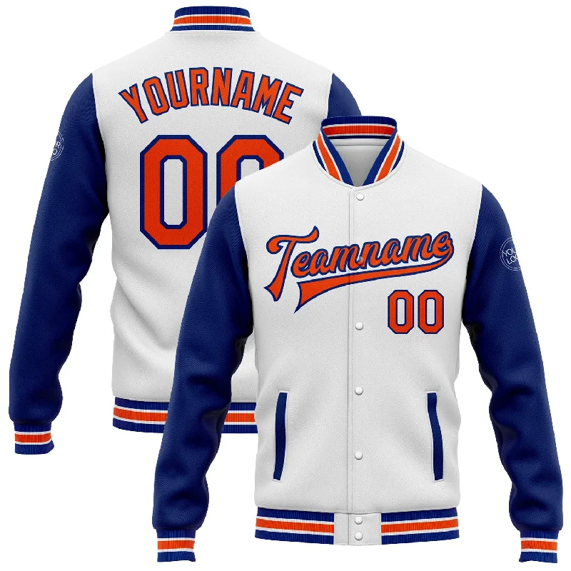 Fishing bait shaping clamp-Custom White Orange-Royal Bomber Full-Snap Varsity Letterman Two Tone Jacket