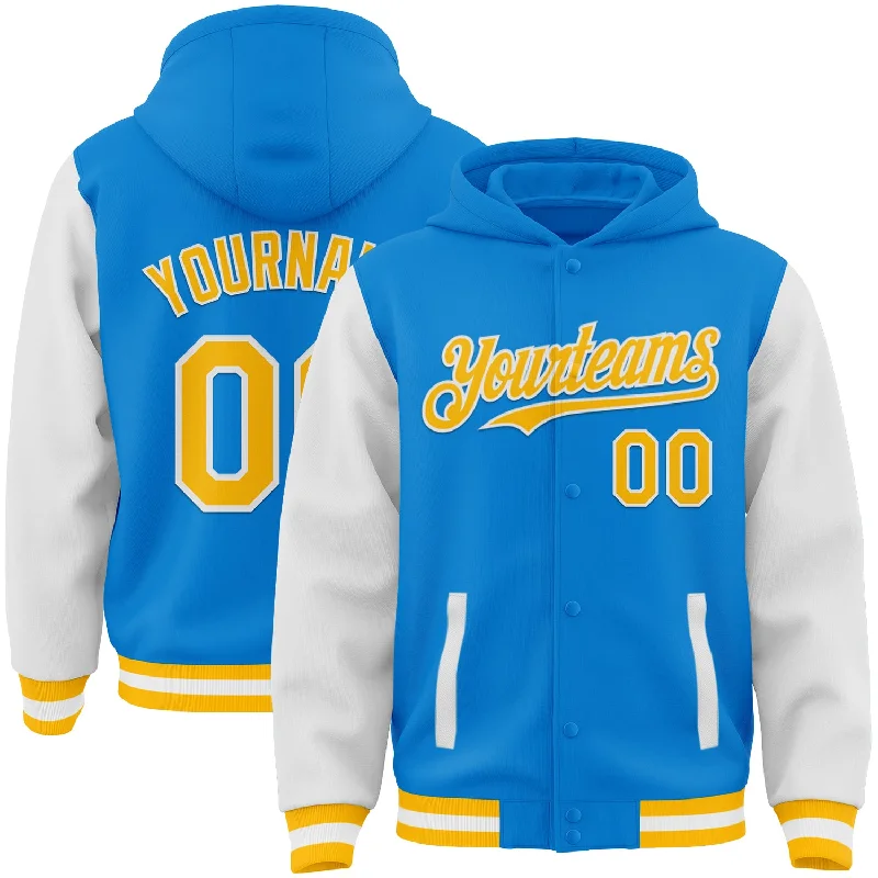 Fishing tackle adjustable holder-Custom Powder Blue Gold-White Bomber Full-Snap Varsity Letterman Two Tone Hoodie Jacket