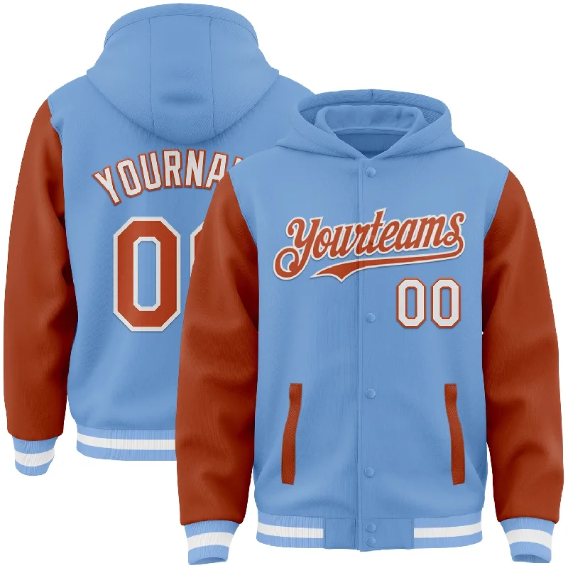 Fishing line twisting rack-Custom Light Blue Texas Orange-White Bomber Full-Snap Varsity Letterman Two Tone Hoodie Jacket