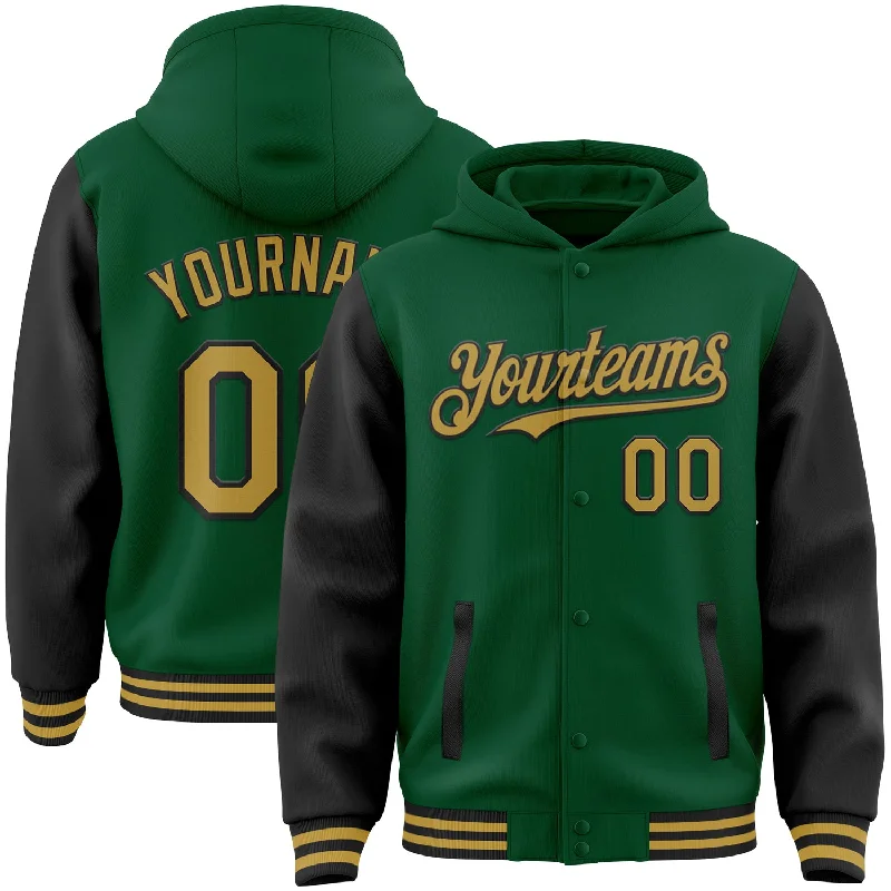 Fishing tackle compact stand-Custom Kelly Green Old Gold-Black Bomber Full-Snap Varsity Letterman Two Tone Hoodie Jacket