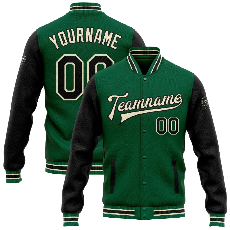 Fishing line braiding clamp-Custom Kelly Green Black-Cream Bomber Full-Snap Varsity Letterman Two Tone Jacket