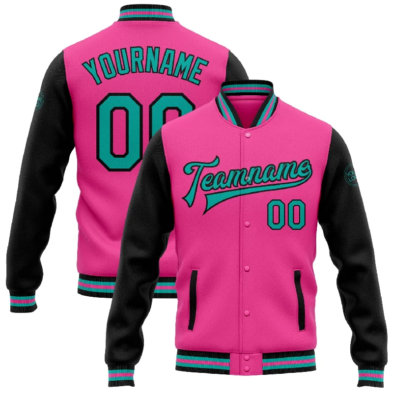 Fishing reel line organizer-Custom Pink Aqua-Black Bomber Full-Snap Varsity Letterman Two Tone Jacket