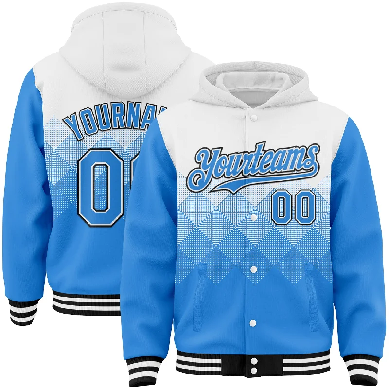 Fishing tackle modular rack-Custom White Powder Blue-Black Gradient Square Shape 3D Pattern Design Bomber Full-Snap Varsity Letterman Hoodie Jacket