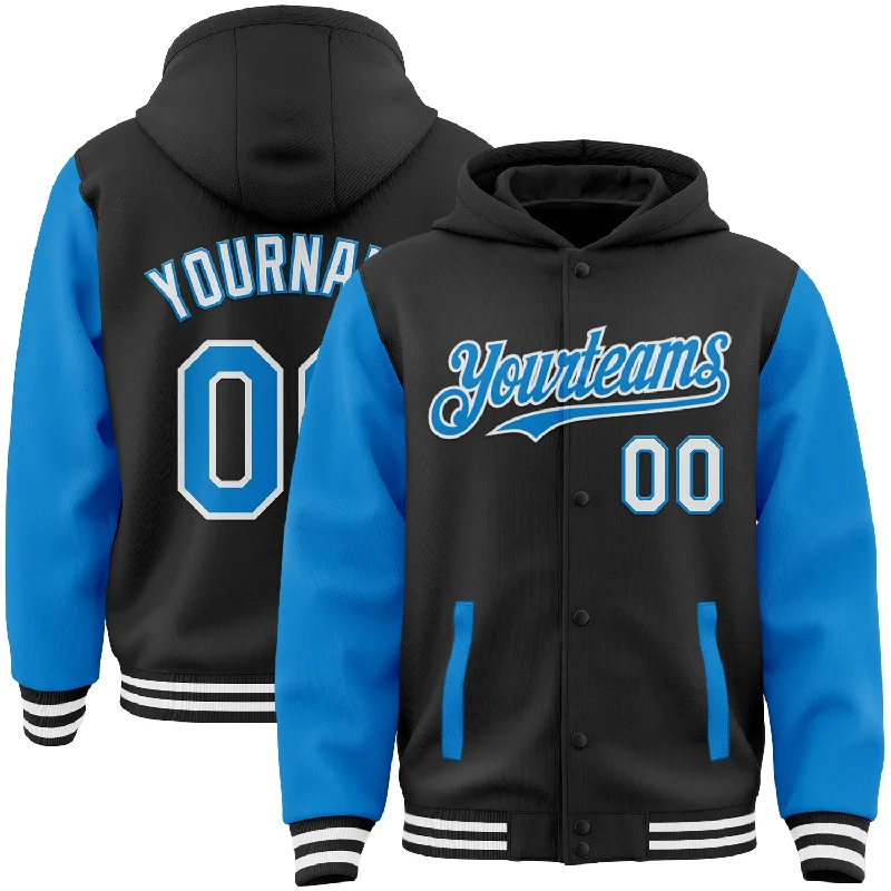 Fishing pliers with jaw clamp-Custom Black Powder Blue-White Bomber Full-Snap Varsity Letterman Two Tone Hoodie Jacket