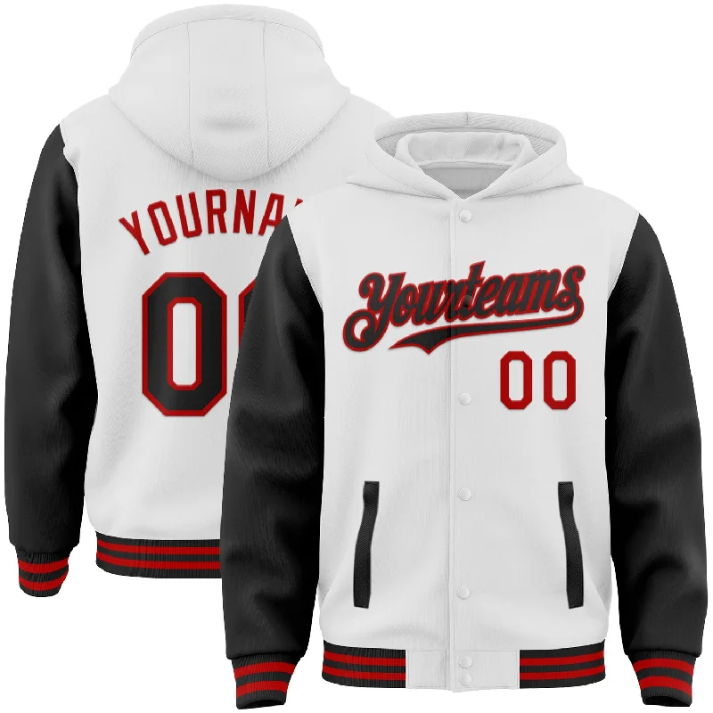 Fishing hook crimping clamp-Custom White Black-Red Bomber Full-Snap Varsity Letterman Two Tone Hoodie Jacket