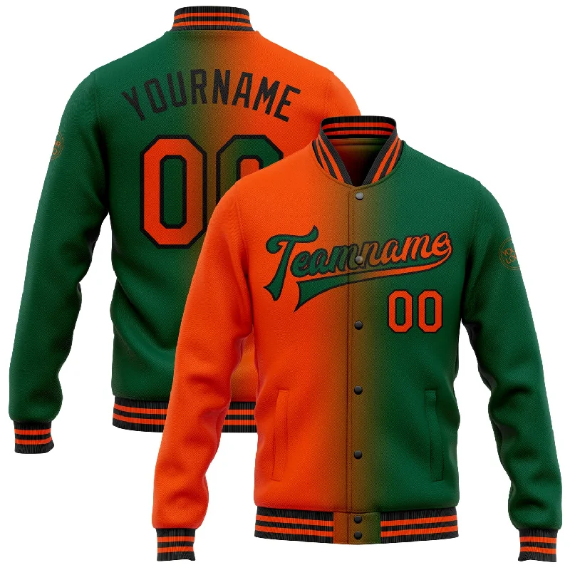 Fishing line splicing rack-Custom Kelly Green Orange-Black Bomber Full-Snap Varsity Letterman Gradient Fashion Jacket