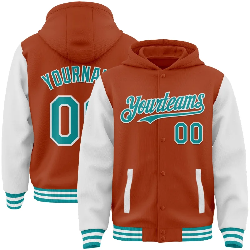 Fishing bait slicing rack-Custom Texas Orange Teal-White Bomber Full-Snap Varsity Letterman Two Tone Hoodie Jacket