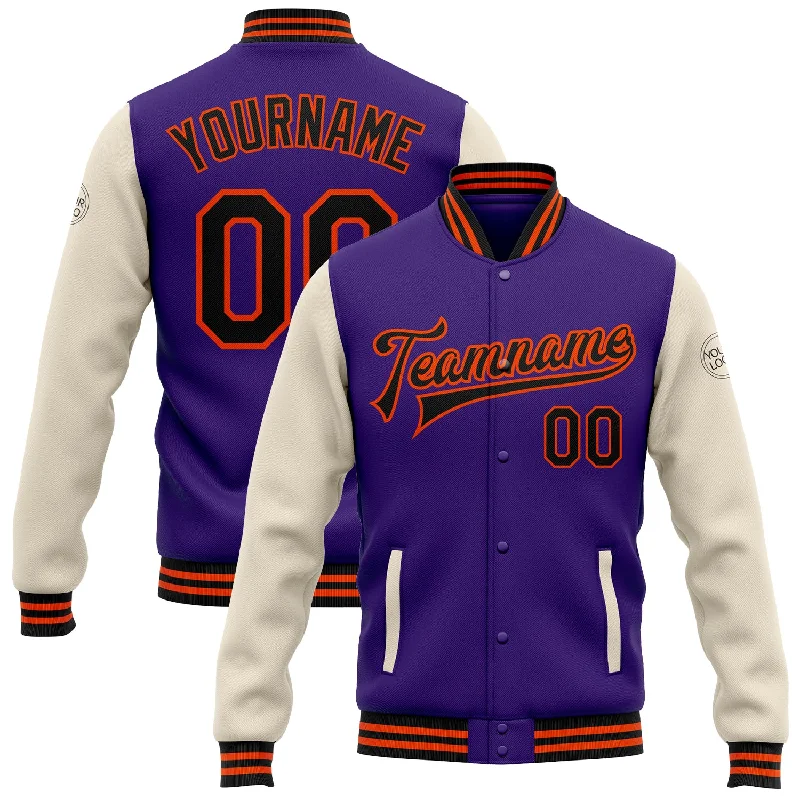 Fishing tackle foldable stand-Custom Purple Black Cream-Orange Bomber Full-Snap Varsity Letterman Two Tone Jacket