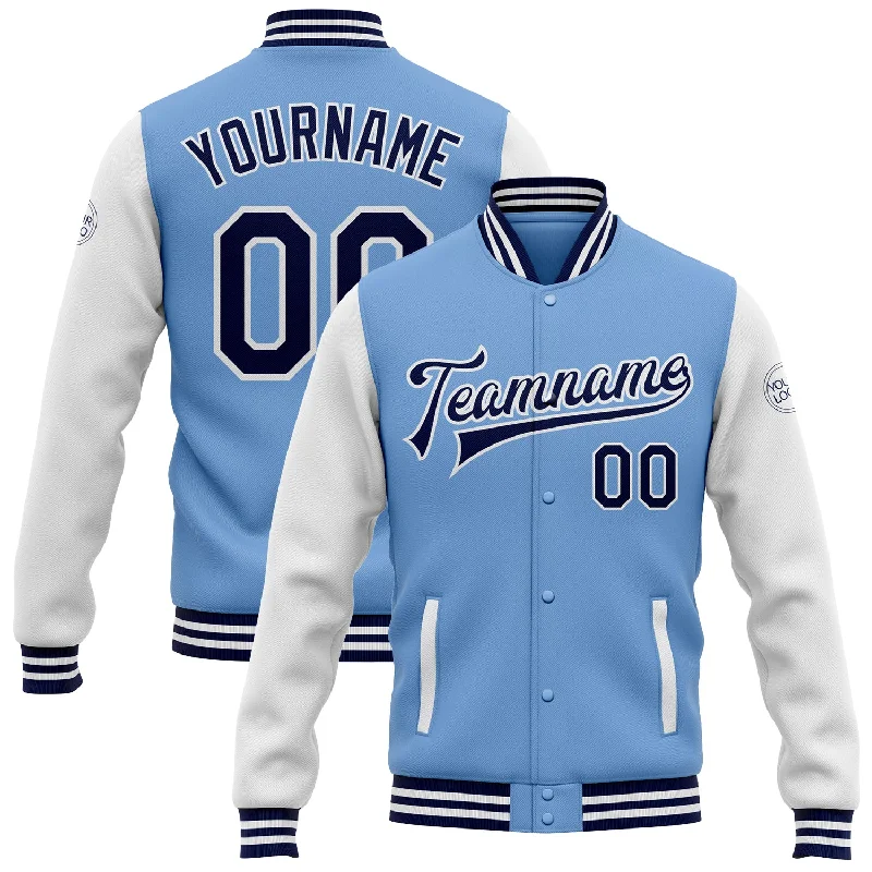 Fishing tackle adjustable rack-Custom Light Blue Navy-White Bomber Full-Snap Varsity Letterman Two Tone Jacket