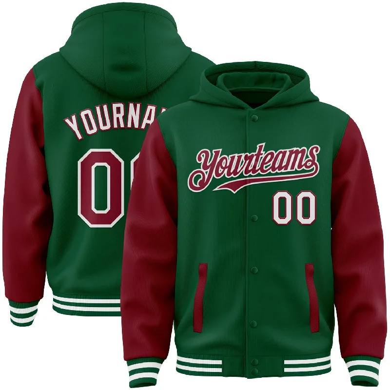 Fishing hook threading holder-Custom Kelly Green Crimson-White Bomber Full-Snap Varsity Letterman Two Tone Hoodie Jacket